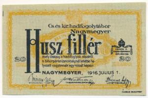 Nagymegyer / hadifogolytábor 1916. július 1. 20f arab sorozat- és sorszámmal T:AU Hungary / Nagymegyer (Veľký Meder) / POW camp 07.01.1916. 20 Fillér (Heller) with arabic serial numbers C:AU Adamo HHN-1.2