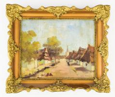Olvashatatlan jelzéssel, XX. sz. első fele-közepe: Napos utca. Olaj, vászon. Dekoratív fakeretben. 23x28 cm