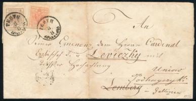 1856 6kr + 3kr MP III. levélen, a 3kr enyhén üreges nyomat, "PESTH" - "PRZEMYSLANY.", 1856 6kr + 3kr MP III. on cover, "PESTH" - "PRZEMYSLANY."
