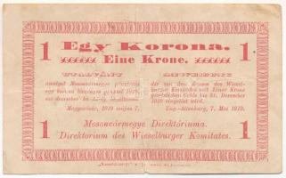 Magyaróvár / Mosonvármegye Direktóriuma 1919. május 7. 1K hátoldalán bélyegzés, aláírások és "48653" sorszám T:F,VG Hungary / Magyaróvár / Moson County Directory 7th May 1919. 1 Korona with stamp, signatures and serial number "48653" on the back C:F,VG Adamo MAG-1.2