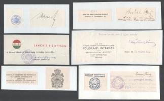 Aláírás gyűjtemény: Wekerle Sándor pénzügyminiszter, 1949 A Lánchíd Bizottság Fehér József, Lukács György miniszter., Kogutowitz Károly, térképész, SZEFHE fejléc, Tormay Celile írónő. autográf aláírások fejléces levélpapír kivágásokkal, kartonon.