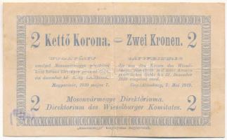 Magyaróvár / Mosonvármegye Direktóriuma 1919. május 7. 2K hátoldalán bélyegzés, aláírások és "15607" sorszám T:F Hungary / Magyaróvár / Moson County Directory 7th May 1919. 2 Korona with stamp, signatures and serial number "15607" on the back C:F Adamo MAG-1.2