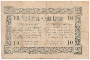 Magyaróvár / Mosonvármegye Direktóriuma 1919. május 7. 10K hátoldalán bélyegzés, aláírások és "38407" sorszám T:VG,G Hungary / Magyaróvár / Moson County Directory 7th May 1919. 10 Korona with stamp, signatures and serial number "38407" on the back C:VG,G Adamo MAG-1.3