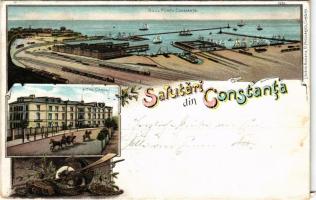1897 (Vorläufer!!!!) Constanta, Noul Portu Constanta, Hotel Carol / new port, railway station, train, hotel. Art Nouveau, floral, litho (surface damage)