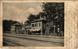 Karasjeszenő, Jaszenova, Jasenovo; pályaudvar, vasútállomás. Pfnisz A. kiadása / railway station + "JASSENOVA - ORAVICZA 209. A" sz. vasúti mozgóposta bélyegző (ázott / wet damage)