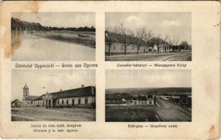 Ópáva, Oppova, Opovo; Csendőrlaktanya, Iskola és római katolikus templom, Réti piac. A. Weiser Photographisches Atelier / gendarme barracks, school and Catholic church, market (fl)