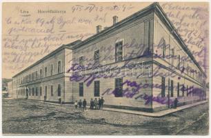 1915 Léva, Levice; Honvéd laktanya. Schulcz Ignác kiadása / WWI Austro-Hungarian K.u.k. military barracks (ázott / wet damage)