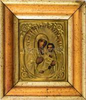 Antik ikon, réz okláddal, Dekoratív fa keretben XIX. sz. 12x19 cm