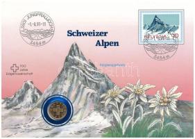 Svájc 1986B 1r bronz felbélyegzett "Svájci Alpok - Finsteraarhorn" borítékban, bélyegzéssel T:UNC, patina Switzerland 1986B 1 Rappen bronze in "Swiss Alps - Finsteraarhorn" envelope with stamp and cancellation C:UNC, patina