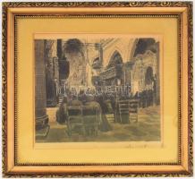 Jelzés nélkül, feltehetően XX. sz. első fele: Templombelső. Tus, papír. Üvegezett, dekoratív fakeretben. 19,5x24 cm