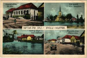 1938 Ipolynyitra, Nitra pri Ipli, Nitra nad Iplom; Hlavná ulica, R. k. kostol, Vodny mlyn, Mlynská ulica / Fő utca, automobil, Római katolikus templom, iskola, vízimalom, Malom utca, üzlet / main street, automobiles, church, school, watermill, street view, shop. Foto Brünner + "1938 Losonc visszatért" So. Stpl. (EK)