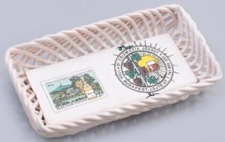 Bodrogkeresztúri dísztálka, Csizmazia József Budapest reklámjával, jelzett, 18x10 cm