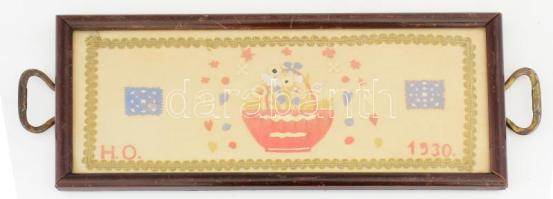 1930 Tálca, üveg borítással, fa és réz kerettel, hibátlan. 29x17 cm