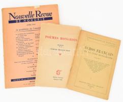 3 db magyar irodalomról és társadalomról szóló, francia nyelvű kiadvány: Échos Francais de la lyre Hongroise. Volume I. Bibliotheque la Fontaine No. 1. A szerkesztő, Paul Vértes-Lebourg által dedikált példány. Bp., 1921, Francois Bárd &amp; Fils, 56 p. Kiadói tűzött papírkötés. + Poemes Hongrois. Traduits par (ford.) Georges-Philippe Dhas. Bp., 1935, Springer Gusztáv, 79+(1) p. Petőfi Sándor, Arany János, Ady Endre, Gyóni Géza, Wlassics Gyula, Babits Mihály, Kosztolányi Dezső és Endrődy Sándor verseinek fordításaival. Kiadói papírkötés, sérült borítóval. + Nouvelle Revue de Hongrie. Tome XLIV, 4e livraison. Avril 1941. Bp., 1941, Athenaeum-ny., 1 sztl. lev.+ 291-384 p.+ 2 t. Kiadói papírkötés, sérült borítóval.
