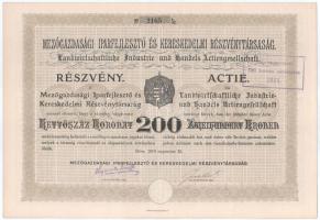 Déva 1910. "Mezőgazdasági Iparfejlesztő és Kereskedelmi Részvénytársaság" részvénye 200K-ról, szelvényekkel, szárazpecséttel és felülbélyegzéssel T:AU Hungary / Déva 1910. "Agricultural Industry Development and Trade Share Company" share about 200 Kronen, with coupons, embossed stamp and overprints C:AU