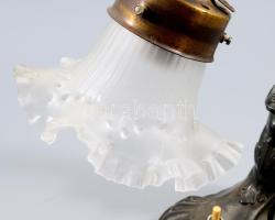 Asztali lámpa. Szecessziós fém, üveg burával. m: 31 cm