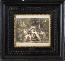 Dekoratív, üvegezett, kissé kopott fakeret, Rembrandt utáni nyomattal, 19,7x21,5 cm.