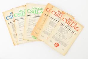 1942-1944 Magyar Csillag c. folyóirat össz. 6 db száma: II. évf. 4. sz. + III. évf. 3., 5., 9. sz. + IV. évf. 2., 4. sz. Szerk.: Illyés Gyula, Schöpflin Aladár. Kiadói papírkötés, változó állapotban.