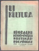 1923 Uj Kultura irodalmi, képzőművészeti, kritikai folyóirat II. évf. 4. száma. Szerk.: Bács Imre Endre, Gerő Béla, Dékány István. Bp., Merkantil-ny., (323)-346 p.+ 1 t. Kiadói tűzött papírkötés, sérült borítóval, helyenként lapszéli sérülésekkel.