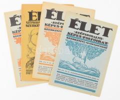 1923-1930 Élet. Szépirodalmi képes folyóirat. XIV. évf. 2., XIX. évf. 3. és 4., XXI. évf. 14. számok (4 db). Szerk.: Alszeghy Zsolt. Bp., "Élet" Irodalmi és Nyomda Rt. A borítókon Márton Lajos és Haranghy Jenő illusztrációival. Kiadói tűzött papírkötés, nagyrészt jó állapotban, helyeként kis sérülésekkel.
