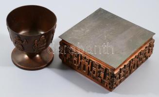 Iparművész réz díszdoboz 14x14 cm + iparművészeti serleg kis horpadással, m: 10 cm
