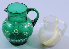 2 darab szecessziós kiöntő, zománcfestett és savmaratott mintával, kis lepattanással, repedéssel, m: 9-12,5 cm