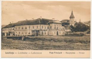 1939 Szászlekence, Lekence, Lechnita, Lechnitz; Piata Principala / Hauptplatz / Fő tér, evangélikus templom, Csallner &amp; Gross üzlete és saját kiadása / main square, Lutheran church, shop (EK)