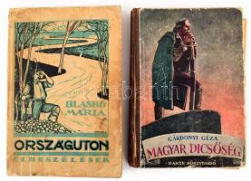 2 db könyv: Gárdonyi Géza: Magyar dicsőség. Képek a magyar történelemből. Biczó András rajzaival. Bp., [1939], Dante, 86+(2) p. Első kiadás. Kiadói illusztrált félvászon-kötés, kissé viseltes, sérült borítóval és gerinccel, helyenként kissé foltos lapokkal, részben szétváló fűzéssel, kijáró lapokkal. + Blaskó Mária: Országúton. Elbeszélések és életképek. Bp., [1930], szerzői kiadás, 157+(3) p. Első kiadás. A borító Márton Lajos munkája. Kiadói papírkötés, javított, viseltes, foltos borítóval, helyenként kissé foltos lapokkal.