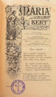 1906 Mária-Kert. Havi folyóirat a Boldg. Szűz tiszteletének ápolására. XXII. évf. 1-12. sz. (Teljes évfolyam egy kötetben). Kalocsa, 1906, Jézus Társasága, 368 p. Egészvászon-kötésben, kissé kopottas, foltos borítóval, lapszéli ázásnyomokkal.