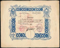 1931 Kolozsvár, román cserkész oklevél Csóra Simon cserkész rajparancsnok, eszperantista részére, kis lapszéli sérülésekkel, középen hajtott, 21x26 cm / 1931 Cluj, Romanian scout diploma (O. N. E. F. Cercetasii Romaniei), folded, slightly worn