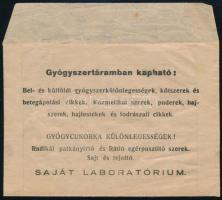 Újkécske (jelenleg: Tiszakécske) Salacz Géza Megváltó Gyógyszertára borítékja, rajta bélyegzéssel: Ő...