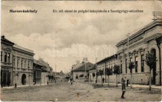 Marosvásárhely, Targu Mures; Ev. ref. elemi és polgári leányiskola a Szent György utcában, üzlet / Calvinist and state girl school, shop (Rb)