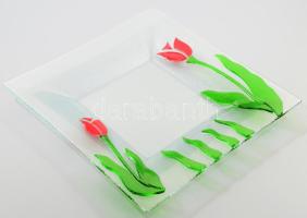 Négyszögletű asztalközép kínáló, ráolvasztott színes üveglap díszítéssel, hibátlan, 30x29,5 cm