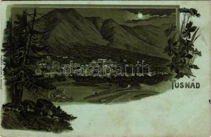 Tusnádfürdő, Baile Tusnad; látkép, fürdő, este holdfényben. Adler A. (Brassó) / general view, spa at night in moonlight. Art Nouveau, floral, litho (lyuk / pinhole)