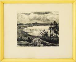 Fehér Ilona (1913-1983): Balatoni öböl. Rézkarc, papír, jelzett, számozott (24/100). Üvegezett fakeretben, 24×29 cm
