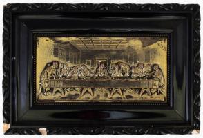 Az utolsó vacsora, bronzírozott fém plakett. Sérült fa keretben. 13x25 cm