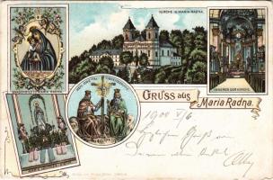 1900 Máriaradna, Radna (Lippa, Lipova); Gnadenbild zu Maria-Radna, Kirche, Inneres der Kirche, Maria Lourdes-Statue, Heil. Dreifaltigkeitsgruppe / Kegytemplom, Kegyelemkép, Szentháromság szobor, templom belseje, Lourdes-i Mária szobor / pilgrimage church, interior. Fischer G. Art Nouveau, floral, litho (apró szakadás / tiny tear)