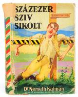 Dr. Németh Kálmán: Százezer szív sikolt. Hazatért és hazavágyó magyarok verőfényes Golgothája. Bácsjózseffalva, 1943., "Zenélő-Kút" Könyvműhely, (Szabadka, Globus-ny.,) 520 p. + 2 t. Első kiadás. Számos szöveg közti, fekete-fehér és egyszínű képpel, néhány fekete-fehér és egyszínű iniciáléval és két fekete-fehér képtáblával illusztrált, A rajzokat és a borítót Márton Lajos festőművész készítette. Kiadói félvászon-kötés, sérült, javított, kopott kiadói papír védőborítóban, kissé kopott borítóval, régi intézményi bélyegzéssel.