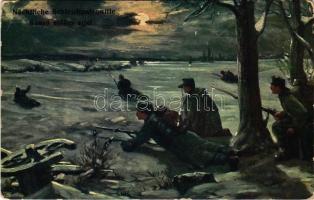 1915 Nächtliche Schleichpatrouille / Kúszó előőrs éjjel / WWI Austro-Hungarian K.u.K. military, soldiers at night + "Tábori postahivatal 111" + "K.u.k. Infanterieregiment Freiherr v. Reicher" (EB)