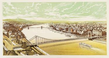 Zsigovics Iván (1958- ): Budapesti panoráma. Rézkarc, papír, jelzett, számozott (5/100), lap széle sérültt és kissé foltos, 29,5x39,5 cm