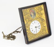 cca 19. sz. vége, Német vagy osztrák falióra, papír zsánerképpel, kicsit sérült számlappal, súlyok nélkül, 24x20 cm