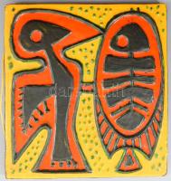 A hal és a madár. Brutalista iparművész mázas samottos kerámia plakett, mázhibával, 25x24 cm