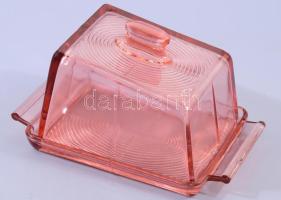 Art deco színezett üveg vajtartó, minimális kopással, 23x11 cm