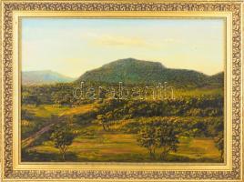 Szabó Lajos (1927-1995): Pilisi domb. Olaj, farost, jelzett. Hátoldalán Képcsarnok Vállalat címkéjével és autográf felirattal. Dekoratív, kissé sérült fakeretben, 50×70 cm