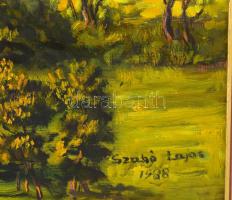 Szabó Lajos (1927-1995): Dunántúli táj. Olaj, farost, jelzett. Hátoldalán autográf felirattal és Kép...