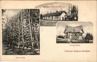 Baldóc, Baldócz-fürdő, Kúpele Baldovce; park részlet, Lobogó fürdő, régi Deák forrás és töltőház / park, spa, bathhouse, spring source and bottling house (ragasztónyom / glue marks)