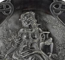 Szecessziós ón dísztányér, kis kopással, ajándékozási gravírozással, d: 30 cm