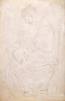 feltehetően Rubletzky Géza (1881-1970): Gyermekét szoptató anya. Gipsz plakett, kis sérülésekkel, jelzés nélkül, hátoldalon ráragasztott újságcikkel, 42x27