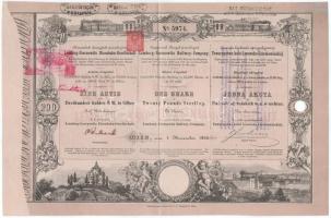 Ausztria / Bécs 1868. "Lemberg-Czernowitz-Jassy Vasút Részvénytársaság" részvénye 200G-ről, szárazpecséttel, bélyegzésekkel, szelvényekkel, lyukasztással érvénytelenítve T:F / Austria / Vienna 1868. "Lemberg-Czernowitz-Jassy Railway Share Company" share about 200 Gulden, with embossed stamp and coupons, cancelled by holes C:F