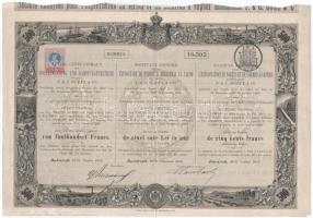 Románia / Bukarest 1909. "Goetz Erdőhasznosítási és Gőzfűrész Részvénytársaság" részvénye 500L-ről szárazpecséttel, bélyegzésekkel, szelvényekkel T:F Romania / Bucharest 1909. "Goetz Forestry and Steam Sawmill Share Company" share about 500 Lei, with embossed stamp and overprints, with copuons C:F